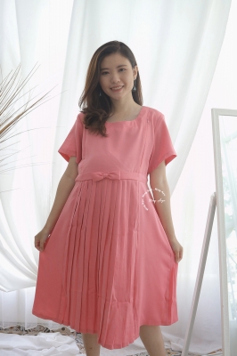 Deborah Dress Hamil Menyusui Plisket Polos Pita Kecil - DRO 994 Pink